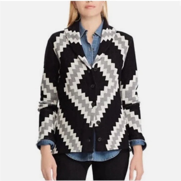 Chaps Sweaters - Chaps Cardigan Geometric Design Shawl Collar Knit Button Women's S Black White